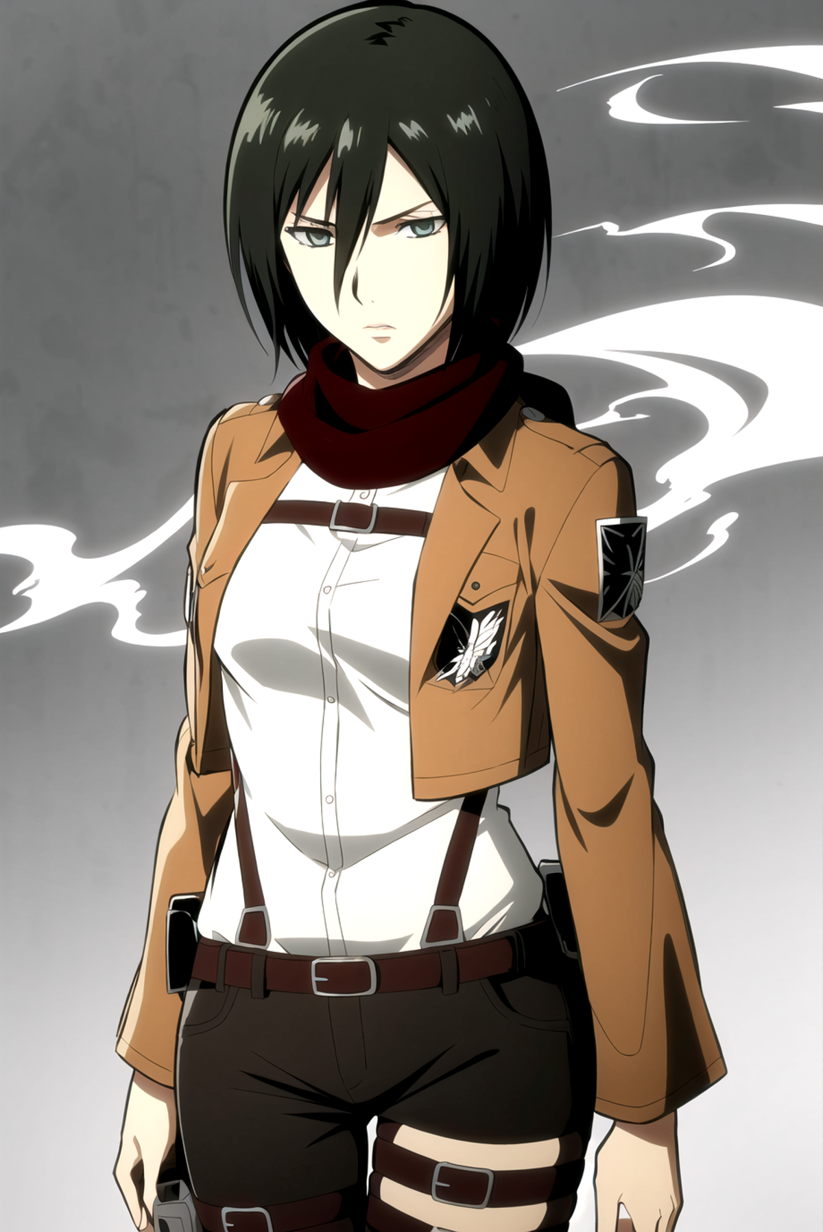 3978531162-3654851445-aot style, shingeki no kyojin,__mikasa ackerman,__1girl, arm strap, bangs, black hair, black pants, breasts, cowboy shot, embers.png